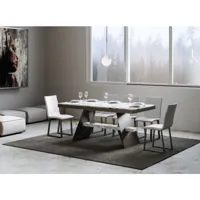 table à rallonges 6 à 20 places blanc effet marbre avec un cadre et des pieds acier gris foncé 160 à 420cm borys