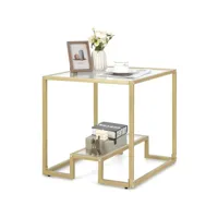 costway table d'appoint à 2 étagères en verre, bout de canapé doré 56x56cm avec repose-pieds réglables, style moderne, petite table basse pour salon, chambre, bureau