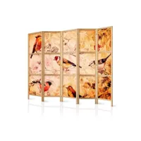paravent japonais 5 panneaux séparateur de pièce impression sur toile intissée - radio oiseau 225x171 cm 11_0012620