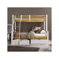 celestin - lit superposé 3 places avec rangements en bois blanc 90 x 190 et 140x 190 cm