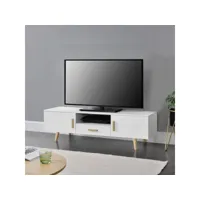 stinia - meuble tv 120 cm blanc 2 portes 1 tiroir scandinave pieds bois