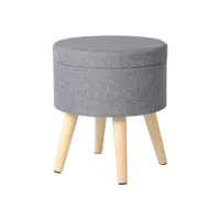 tabouret rond pouf coffre de rangement-siège en lin pieds en bois massif-36x 32 cm -gris clair