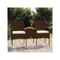 canapé fixe 2 places de jardin  sofa banquette de jardin et table basse résine tressée marron meuble pro frco11992