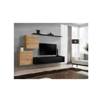 ensemble mural - switch v - 1 vitrine carrée - 1 banc tv - 1 étagère - bois et noir - modèle 1
