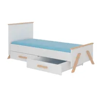lit enfant bois pin naturel et blanc 90x200 avec 2 tiroirs de rangement kandou