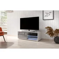 meuble banc tv - 100 cm - blanc mat / gris brillant - avec led - style moderne moon