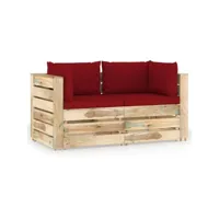 canapé de jardin 2 places avec coussins bois imprégné de vert 4