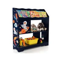 giantex étagère de rangement enfants-bibliothèque 3 compartiments-dispositif anti-basculement-étagère à livres avec motif fusée bleu