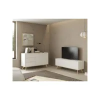 blajk - pack salon scandinave meuble tv 4 portes + buffet 140cm pin naturel et blanc