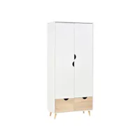 armoire de rangement design scandinave - armoire de chambre - placard 2 portes avec penderie et étagère - 2 tiroirs coulissants - panneaux particules blanc chêne clair