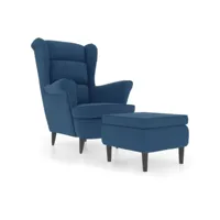 fauteuil à oreilles avec tabouret bleu velours