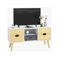 meuble tv style scandinave 4 tiroirs coulissants niche passe-fils piètement bois pin blanc aspect bois clair