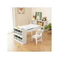 giantex table enfant 3 ans+ 2 chaises-plateau relevable-table d'activité-6 bacs de rangement-5 pots à peinture-blanc