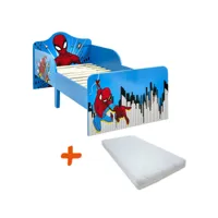 lit bois + matelas spiderman bleu et rouge - 140x70 cm