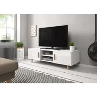 meuble banc tv - 140 cm - blanc mat / blanc brillant - style scandinave sweden