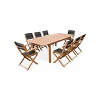 salon de jardin en bois extensible - almeria - table 180-240cm avec rallonge. 2 fauteuils et 6 chaises. en bois d'eucalyptus  huilé et textilène noir