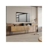 meuble tv scandinave, banc tv, 2 portes, 129x30x58 cm, finition marbre, noir + naturel