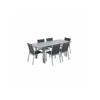 salon de jardin table extensible - chicago 210 gris - table en aluminium 150-210cm avec rallonge et 6 assises en textilène