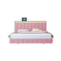 lit capitonné 160 x 200 cm, avec éclairage led et tête de lit design, double, rose