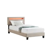 lit led simple 90x190 cm avec sommier, tête de lit réglable en hauteur, en tissu beige, austin