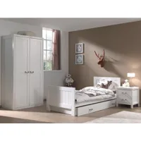 chambre enfant 4 pièces lit gigogne chevet et armoire 2 portes bois laqué blanc lewis 90x200 cm leco08