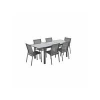 salon de jardin table extensible - orlando gris taupe - table en aluminium 150-210cm. plateau de verre. rallonge et 6 chaises en textilène