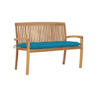 banc de jardin meuble de patio d'extérieur terrasse empilable et coussin bleu clair 128,5 x 57,5 x 90 cm bois de teck massif helloshop26 02_0011679