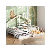 lit cabane enfant 90x200cm, avec étagère et deux grands tiroirs espace de rangement, bois massif, avec barrière et sommier, blanc