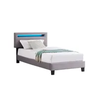 lit led simple 90x190 cm avec sommier, tête de lit réglable en hauteur, en tissu gris, austin