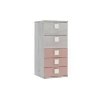 chiffonnier 5 tiroirs en bois gris clair et rose - cf9071