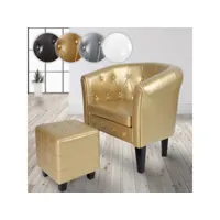 miadomodo® fauteuil chesterfield avec repose-pied - en simili cuir, avec éléments décoratifs touffetés, doré - chaise, cabriolet, tabouret pouf, meuble de salon