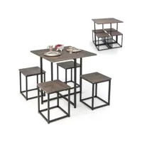 costway table haute cuisine 4 tabourets cadre en métal, table industrielle avec chaise encastrable, pieds réglables, restaurant, appart, salon gris