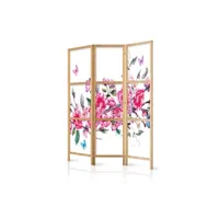 paravent japonais 3 panneaux séparateur de pièce impression sur toile intissée - fleurs et papillons 135x161 cm 11_0012605