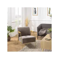 albane - fauteuil lounge tissu taupe métal doré accoudoirs bois