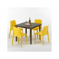 table carrée et 4 chaises colorées poly-rotin résine 90x90 marron grand soleil