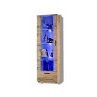 komodee, vitrine armoire alessandria, wotan/wotan, largeur 60 cm x hauteur 192 cm x profondeur 42 cm, led bleues, 2 étagères, pour salon, chambre, entrée