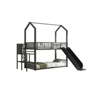 lit superposé noir 90 * 200cm, lit à cadre en fer avec escalier coulissant, style de maison, stable et fiable