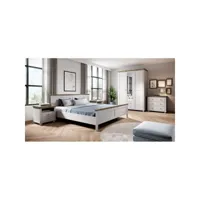 chambre à coucher assia : armoire 150cm, lit 160x200, commodes, chevets. coloris blanc et  chêne.