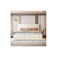 lit capitonné double 160x200cm avec led,  sommier en métal, tête de lit réglable en hauteur, blanc(sans matelas)