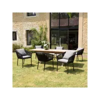 malo - salon de jardin 6 pers. - 1 table rectangulaire 180x100cm et 6 fauteuils gris et noirs avec coussin