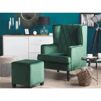 fauteuil bergère en velours vert avec repose-pieds assorti sandset 217131