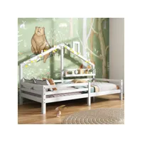 lit cabane enfant 90x200cm, avec étagère, bois massif, avec barrière et sommier, blanc