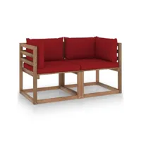 canapé fixe 2 places palette de jardin  sofa banquette de jardin et coussins bordeaux pinède meuble pro frco17852