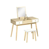 coiffeuse avec tabouret style scandinave - 2 tiroirs, compartiment porte miroir -  panneaux aspect chêne clair blanc