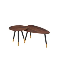 lot de 2 tables basses gigognes style art déco pieds effilés inclinés métal noir extrémités doré plateaux mdf aspect teck foncé