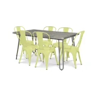 pack table à manger - design industriel 150cm + pack de 6 chaises à manger - design industriel - hairpin stylix jaune pâle