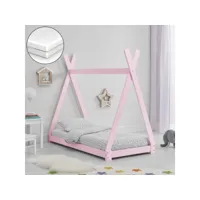 lit d'enfant lit tipi avec matelas pin mousse à froid polyester rose confortable 148,5x76x138cm [en.casa]