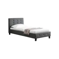 lit simple pour adulte ou enfant tico avec sommier 90x190 cm 1 place, tête et pied de lit capitonnés avec strass, synthétique gris