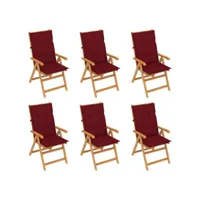 lot de chaises  de jardin 6 pièces avec coussins bordeaux bois de teck