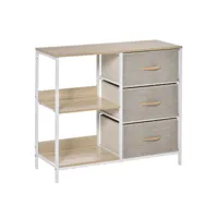 meuble de rangement commode design - 3 tiroirs, 2 étagères - métal mdf non tissé beige